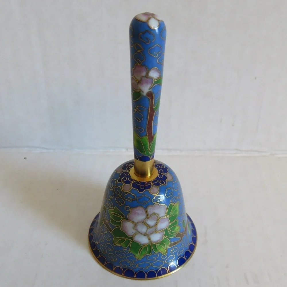 Vintage Cloisonne Enamel Hand Bell Blue Floral Butterfly Chinoiserie 3.5 Inch